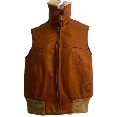 SHEEP MATES VTG 70's Beige Puffer Vest Jacket Belt Buckle Collar, Small - Image 1 of 4