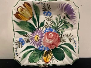 Italian Pottery Square 7" Platter Floral Pattern Blue Trim Scalloped Edge - Picture 1 of 3
