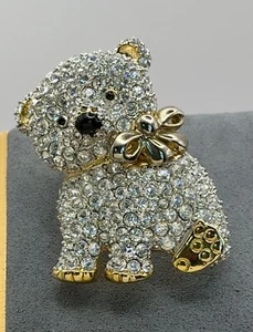 Vintage Teddy Bear Rhinestone Brooch Gold Tone Pave Big Bling - Picture 1 of 5