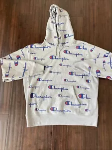 Vintage Champion Reverse Weave Gray Hoodie All Over Print Logo XL Sweatshirt - Picture 1 of 12