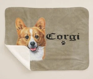 Corgi Welsh Pemnroke Dog Breed Profile Art Brown Sherpa Fleece Throw Blanket - Picture 1 of 4