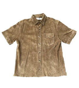 Vintage 80s Gap Suede Leather Short Sleeve Button Up Shirt Tan Medium  EUC HTF - Picture 1 of 8