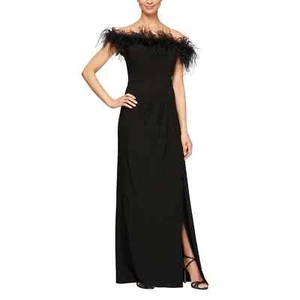 Alex Evenings Black Feather Trimmed Off the Shoulder Gown Size 10 $219 - Picture 1 of 2