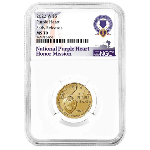 2022-W $5 National Purple Heart Hall of Honor Uncirculated Gold Coin NGC MS70 ER Cover