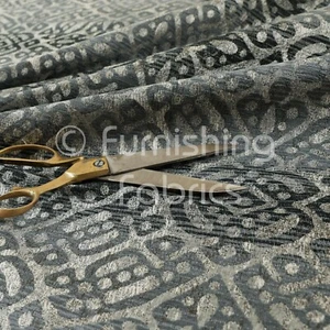 Geometric Medallion Pattern In A Metallic Grey Silver Colour Upholstery Fabric - Picture 1 of 5