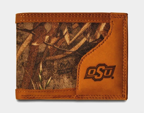 Oklahoma State Cowboys Bi-fold Realtree Max-5 Camo & Leather Wallet Zep-Pro OSU Cover