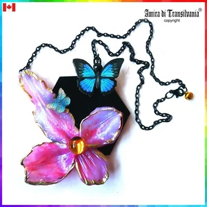 Art Deco Nouveau Jewelry Necklace Pendant Nature Floral Orchid Butterfly Flower - Picture 1 of 24