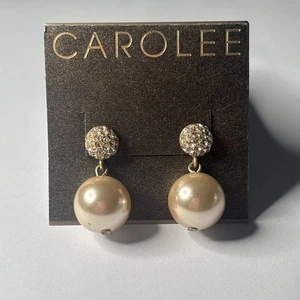Vintage Carolee Faux Pearl Dangling Gold Tone Pierced Earrings - Picture 1 of 3