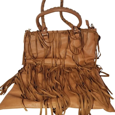 Jay Ley Women's Fringed Shoulder Bag Large Square Tan Leather Boho Style - Image 1 of 4