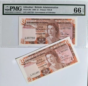2er Set, Gibraltar 1988 1 Pound PMG66 EPQ+UNC Note QEII British Administration - Bild 1 von 6