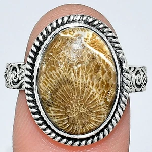 Premium Quality Flower Fossil Coral 925 Sterling Silver Ring s.9 Jewelry R-1067 - Picture 1 of 5