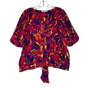 Bluse Oberteil rosa oliv XL mehrfarbig tropisch lebendig Halbarm lockere Passform - Bild 1 von 8