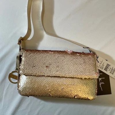 Shoulder Bag Purse Gold Sequins Faux Leather Nicole Miller Mini Holiday Party - Image 1 of 3