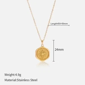 Gold Compass Starburst Coin Pendant Necklace Stainless Steel Charm Jewelry - Picture 1 of 1