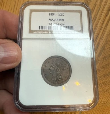 1854 BRAIDED HAIR HALF CENT  NGC MS 63 BN       ZB16 - Image 1 of 3