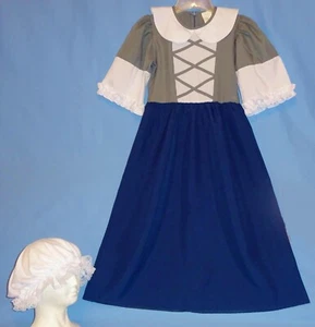COLONIAL GIRLS COSTUME DRESS M 8-10-PEASANT-MOP HAT-PIONEER-PILGRIM-THANKSGIVING - Picture 1 of 10