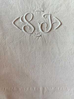 Draps Ancien Monogramme SJ 200x320 Brodé Broderie Blanc Linge Vintage France - Photo 1/2