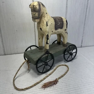 Vintage White Wooden Horse On Cart Pull Toy - Picture 1 of 12