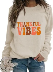 Thankful Vibes Sweatshirt for Women Long Sleeve Graphic Retro Shirts Crew Small - Picture 1 of 2