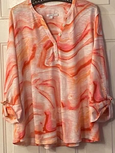 Chico's Sz 4 (2XL) Knit Top 3/4 Roll Up Sleeve Red/Pink/White Abstract - Picture 1 of 10