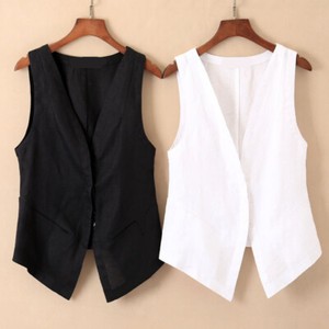 Women's Cotton Linen Short Vest Casual Button Breathable Thin Waistcoat Gilet