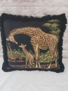 Vintage Giraffe 17" Square Throw Pillow Double Sided with Black Fringe - Picture 1 of 5