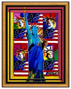 PETER MAX Original PAINTING GOD BLESS AMERICA Statue of Liberty Signed USA Art - Picture 1 of 5