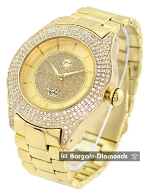 Reloj para hombre con bisel de circonita cúbica dorado esfera brillante bisel de 3 filas de circonitas cúbicas Foto 1 de 4