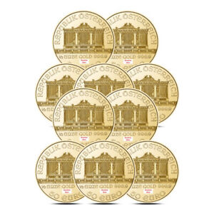 Lot of 10 - 1/2 oz Austrian Gold Philharmonic Coin (Random Date)