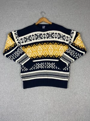 Vtg Gap Sweater Mens L Blue Yellow Nordic Ski Geometric Long Sleeve Crew Neck - Image 1 of 4