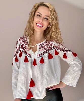 ZARA Tunic Top Medium White & Red Cotton Tasselled Embroidered Indian Boho - Image 1 of 4