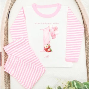 Personalised Strawberry Pink Stripe Birthday Pyjamas - Picture 1 of 5