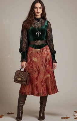 Falda Midi De Colección Y2K Coldwater Creek Terciopelo Burnout Mezcla Seda XS Capricho Boho Foto 1 de 4