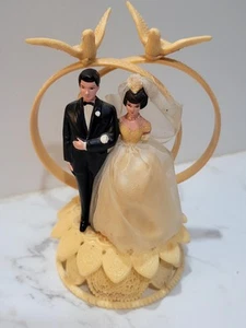 Vintage 1940s 1950s Wedding Cake Topper, Bride & Groom Rings Doves - Picture 1 of 10