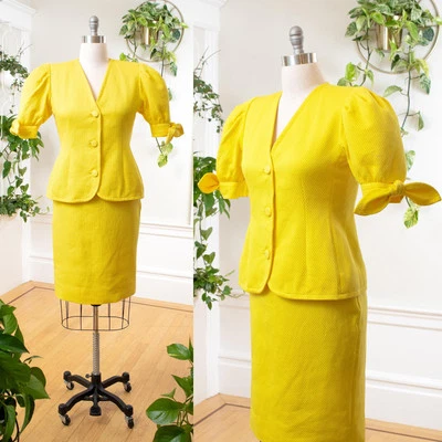 Vintage 1980s GIVENCHY Skirt Suit 80s Yellow Cotton Blazer Designer 2 Piece Set - Image 1 of 4