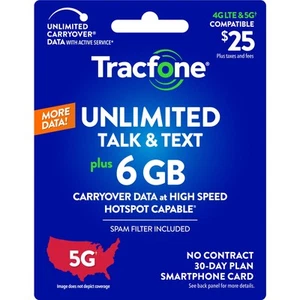 Tracfone 25 USD Nieograniczona rozmowa i tekst, 6 GB danych / 30 dni (karta fizyczna) - Zdjęcie 1 z 5