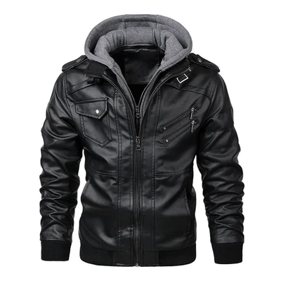 Herren PU-Lederjacke mit Kapuze – Gefütterte Biker Winterjacke Slim Fit EU - Bild 1 von 4