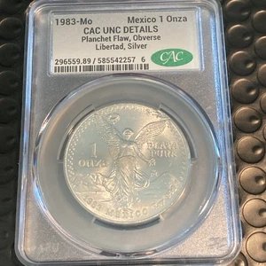 1983 Mo Mexico 1 Silver Onza MINT ERROR / PLANCHET FLAW - CAC UNCIRCULATED - Picture 1 of 6