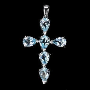 925 Pendente Argento Sterling Pera Topazio Blu 7x5mm Croce Senza USA Import Fees - Foto 1 di 14