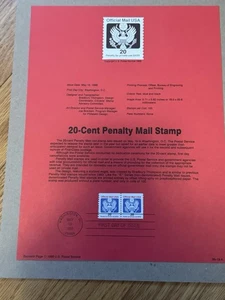 USPS SOUVENIR PAGE 20-CENT PENALTY MAIL STAMP 1988 - Picture 1 of 2