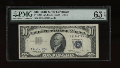 DBR 1953-B $10 Silver Fr. 1708 Gem PMG 65 EPQ Serial A11949789A - Image 1 of 2