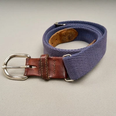 Vintage Mens Adjustable Canvas Leather Belt Blue Brass Buckle 30 32 34 36 38 40 - Image 1 of 4