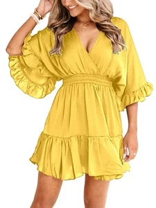 Womens V Neck Casual Dresses Summer Loose High Waist Ruffle Pleated Cute Mini... - Picture 1 of 6