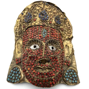 Vintage Tibetan or Nepalese Bronze Mask Featuring Turquoise, Coral, Lapis Stones - Picture 1 of 18