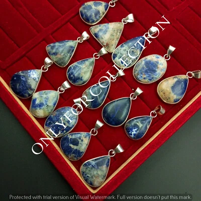 Venta Lote de 10 colgantes con bisel enchapado en plata de ley 925 con piedras preciosas de sodalita Foto 1 de 4