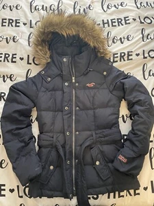 Hollister Junior Girl XS Down Puffer Jacket Navy Blue Faux Fur Trim Hood - Picture 1 of 9