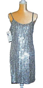 Vintage Dress XL Silk Sequins Black Silver Stripe Spaghetti Strap Jon Charles Vi - Picture 1 of 11