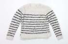 Marks and Spencer Girls White Crew Neck Striped Polyester Pullover Jumper Size 1