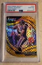 2020 PANINI SELECT LAMAR JACKSON 303 GOLD PRIZM 02/10 FIELD LEVEL PSA 10💎 POP 1