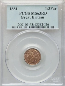 UK - GREAT BRITAIN , 1/3 FARTHING 1881 - PCGS MS 63 RD ( U ) FULL RED , RARE - Picture 1 of 2